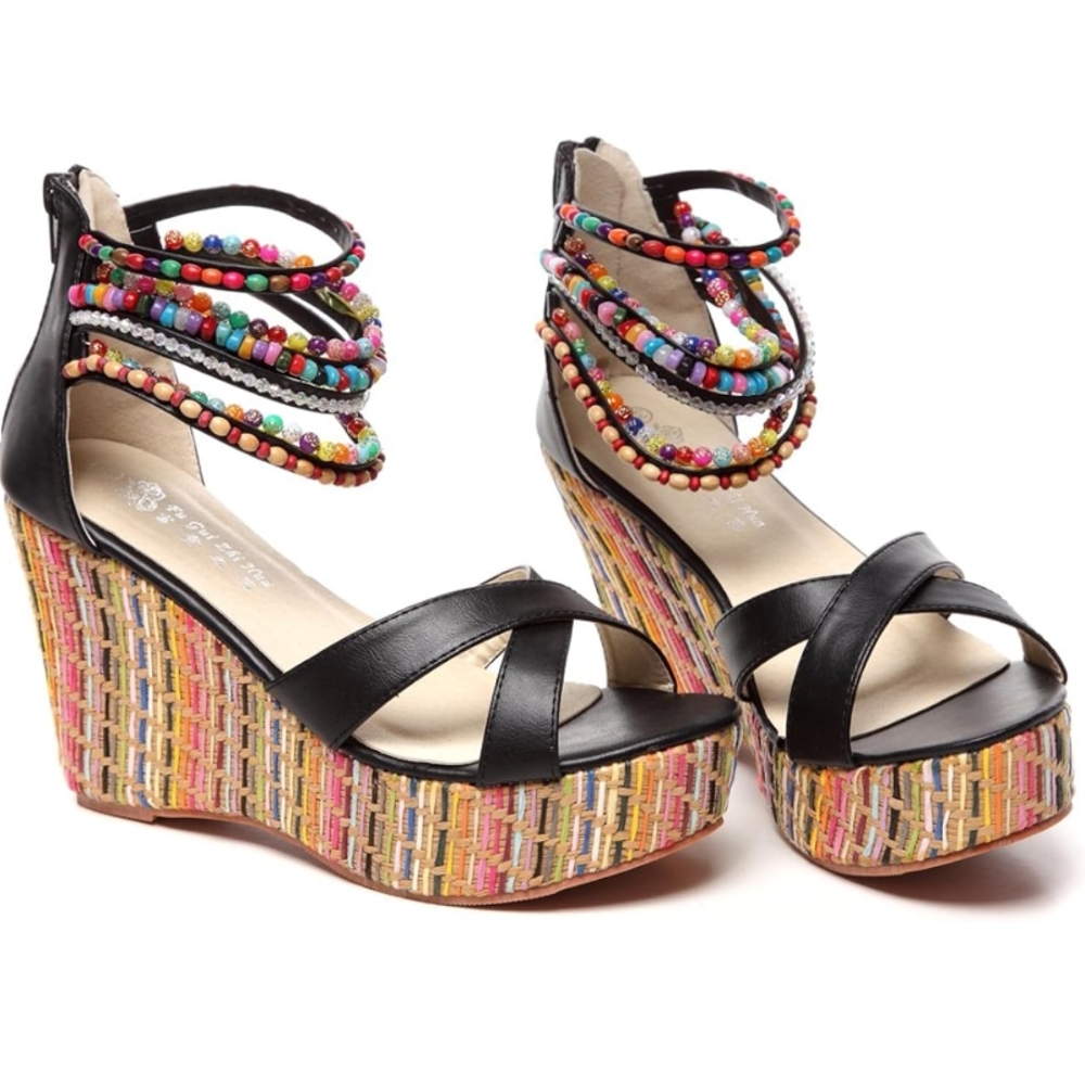 Colorful Beaded Wedge Sandals